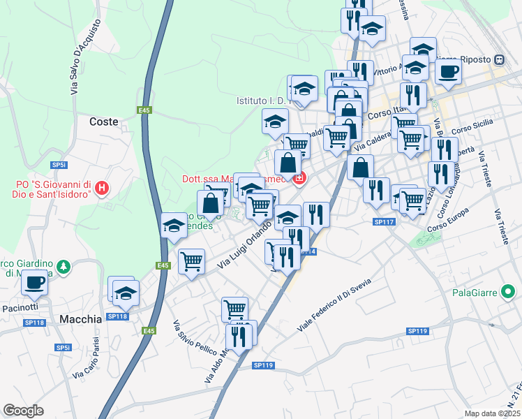 map of restaurants, bars, coffee shops, grocery stores, and more near 45 Via Tommaso Cannizzaro in Giarre