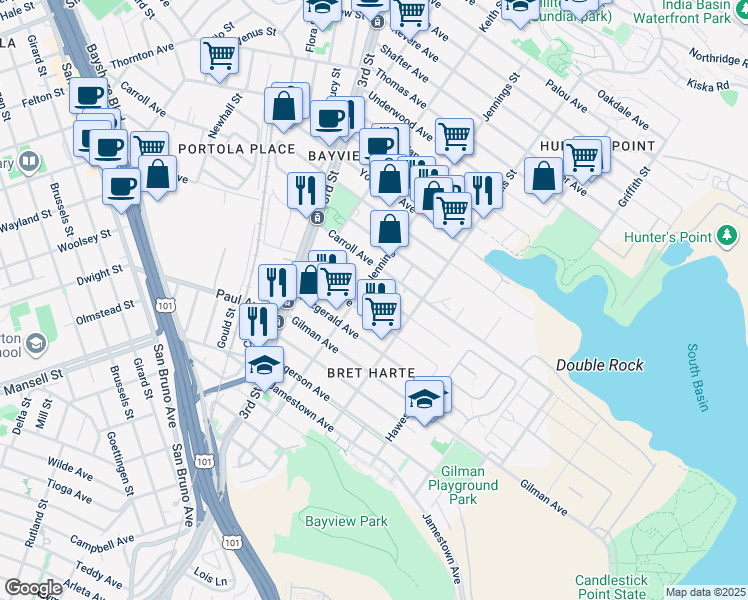 map of restaurants, bars, coffee shops, grocery stores, and more near 1485A Carroll Avenue in San Francisco