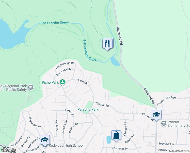 map of restaurants, bars, coffee shops, grocery stores, and more near 17007 High Pine Way in Castro Valley