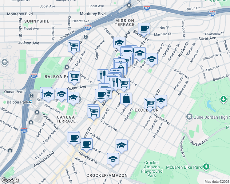 map of restaurants, bars, coffee shops, grocery stores, and more near 12 Persia Avenue in San Francisco