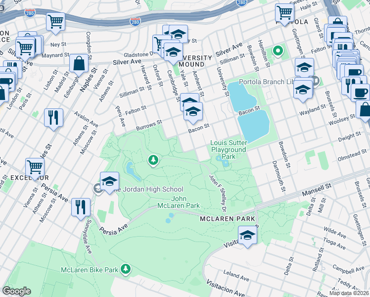 map of restaurants, bars, coffee shops, grocery stores, and more near 525 Oxford Street in San Francisco