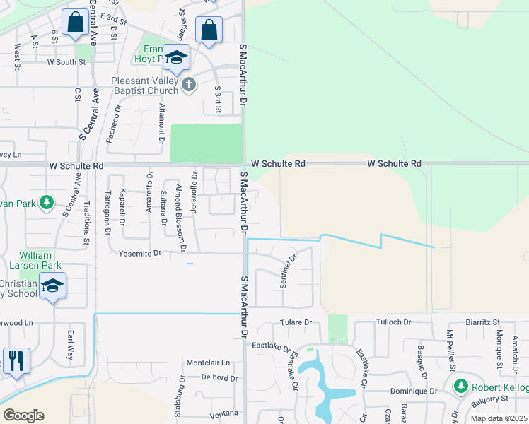 map of restaurants, bars, coffee shops, grocery stores, and more near 8825 Janice Way in Tracy