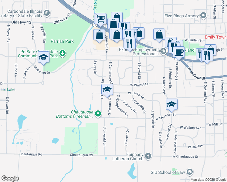map of restaurants, bars, coffee shops, grocery stores, and more near 1704 West Taylor Drive in Carbondale