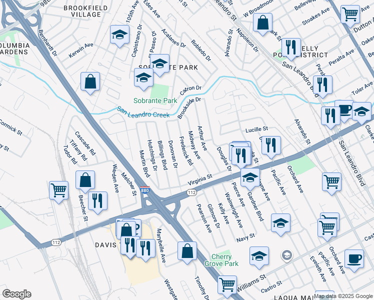 map of restaurants, bars, coffee shops, grocery stores, and more near 851 Frederick Road in San Leandro