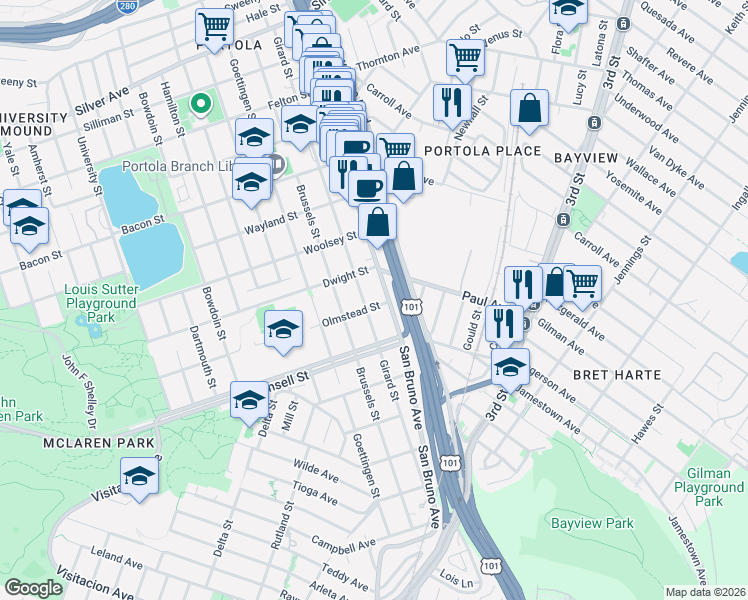map of restaurants, bars, coffee shops, grocery stores, and more near 719 Girard Street in San Francisco