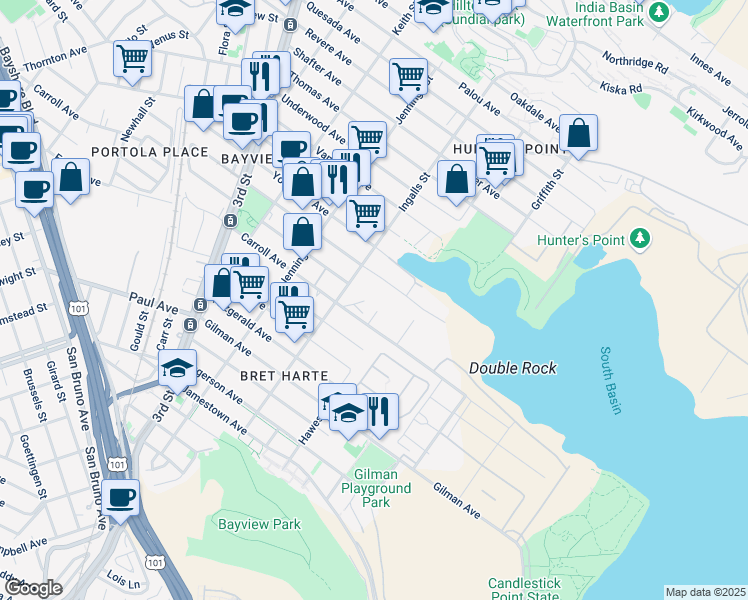 map of restaurants, bars, coffee shops, grocery stores, and more near 1339 Armstrong Ave in San Francisco