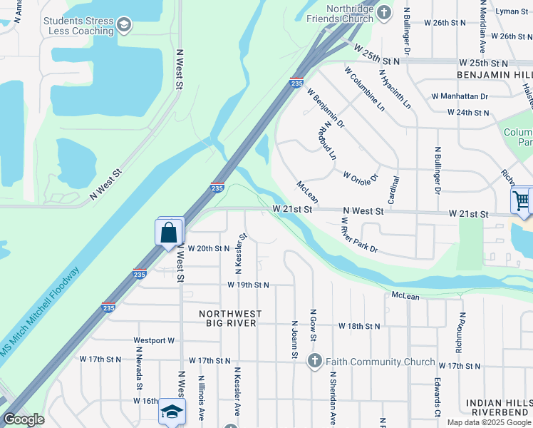 map of restaurants, bars, coffee shops, grocery stores, and more near 3501 West 21st Street in Wichita