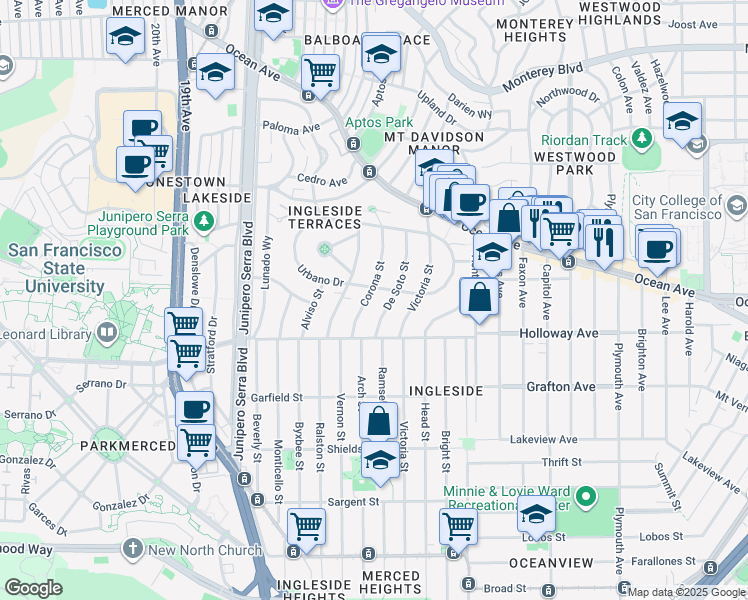 map of restaurants, bars, coffee shops, grocery stores, and more near 625 Urbano Drive in San Francisco