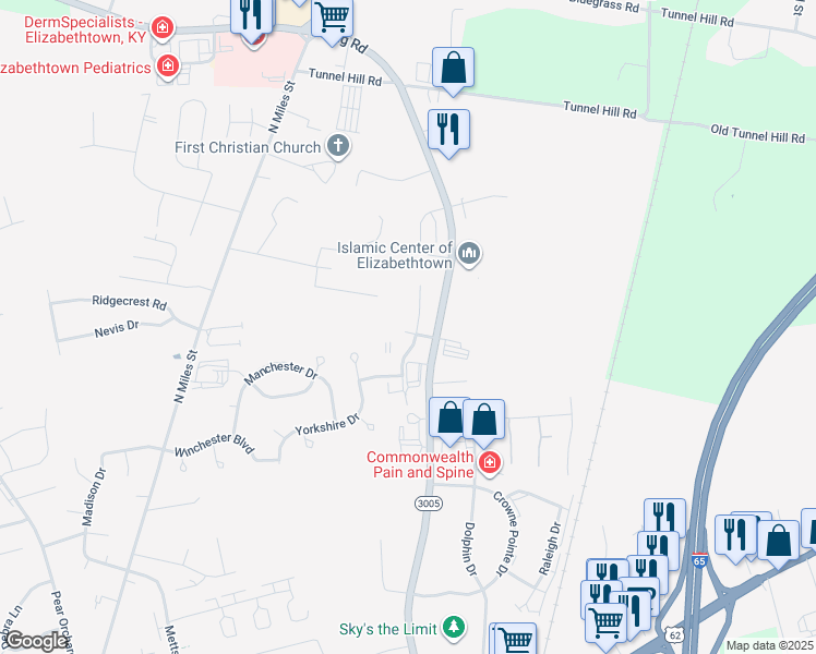 map of restaurants, bars, coffee shops, grocery stores, and more near 1704 Cliff Ridge Court in Elizabethtown