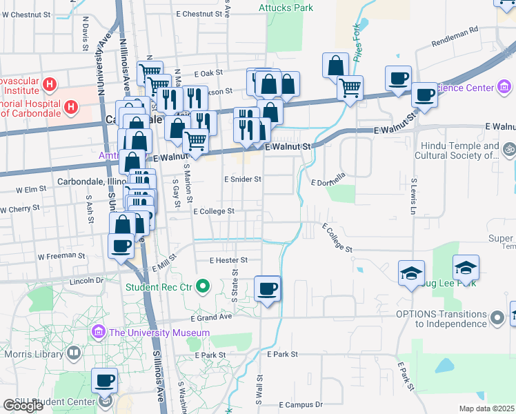 map of restaurants, bars, coffee shops, grocery stores, and more near 510 East College Street in Carbondale