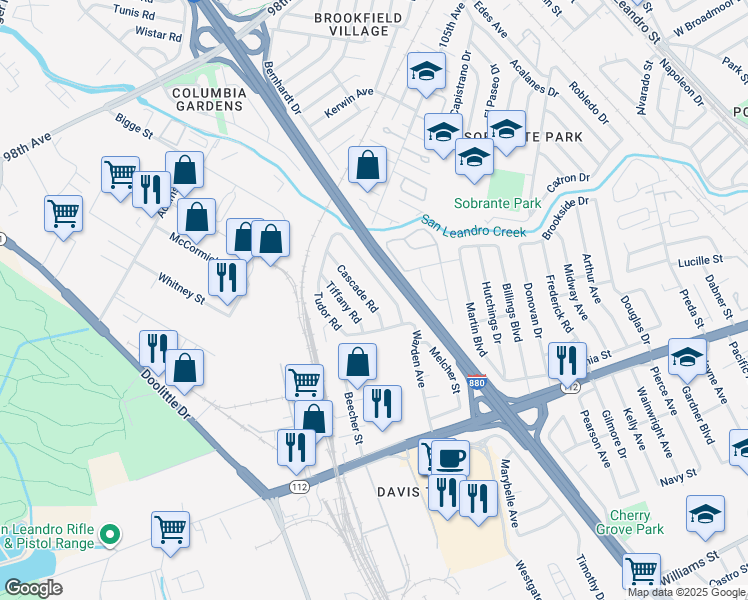 map of restaurants, bars, coffee shops, grocery stores, and more near 616 Cascade Road in San Leandro