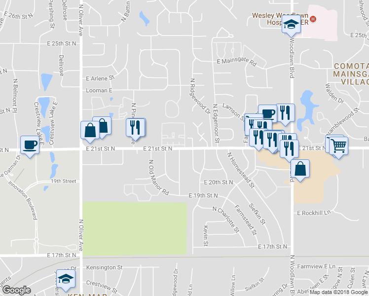 map of restaurants, bars, coffee shops, grocery stores, and more near 5468 East 21st Street North in Wichita