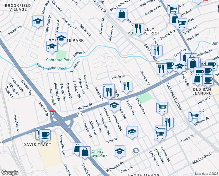 map of restaurants, bars, coffee shops, grocery stores, and more near 150 Preda Street in San Leandro