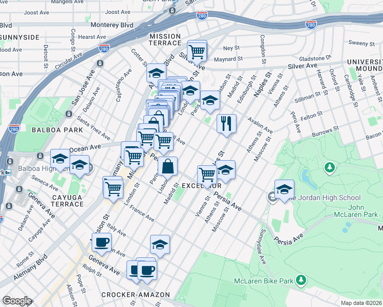 map of restaurants, bars, coffee shops, grocery stores, and more near 378 Madrid Street in San Francisco