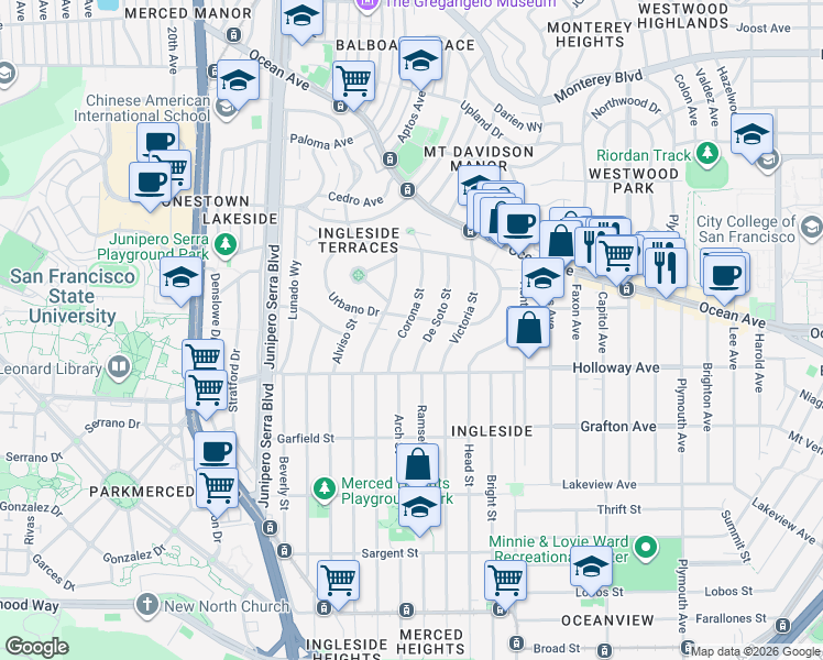 map of restaurants, bars, coffee shops, grocery stores, and more near 625 Urbano Drive in San Francisco