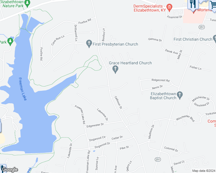 map of restaurants, bars, coffee shops, grocery stores, and more near 203 Pear Orchard Estates Drive in Elizabethtown