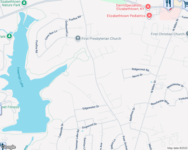 map of restaurants, bars, coffee shops, grocery stores, and more near 203 Pear Orchard Estates Drive in Elizabethtown