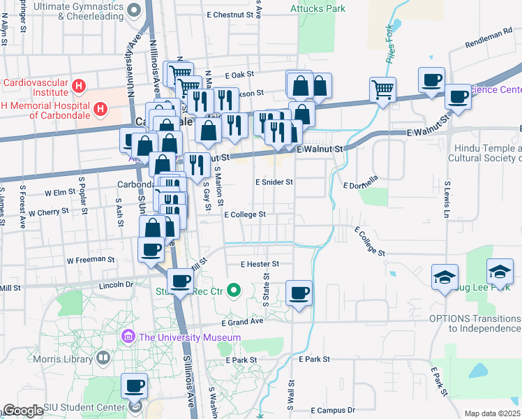 map of restaurants, bars, coffee shops, grocery stores, and more near 511 South Logan Avenue in Carbondale