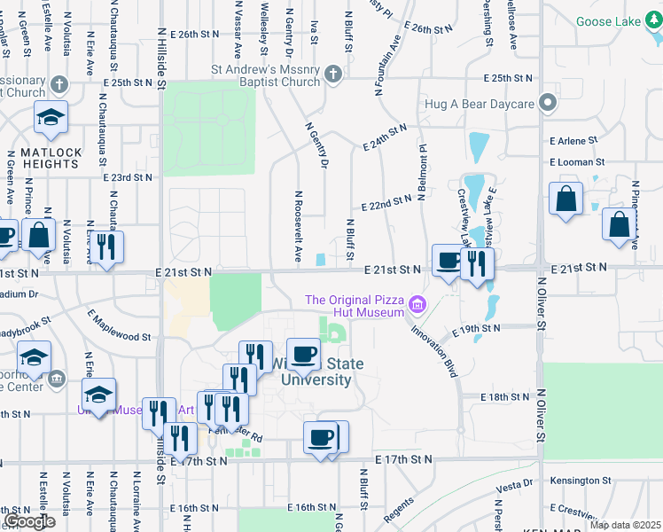 map of restaurants, bars, coffee shops, grocery stores, and more near 2220 North Roosevelt Avenue in Wichita
