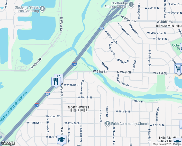 map of restaurants, bars, coffee shops, grocery stores, and more near 3501 West 21st Street in Wichita