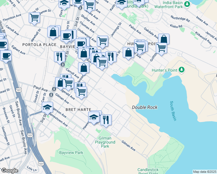map of restaurants, bars, coffee shops, grocery stores, and more near 1339 Armstrong Ave in San Francisco
