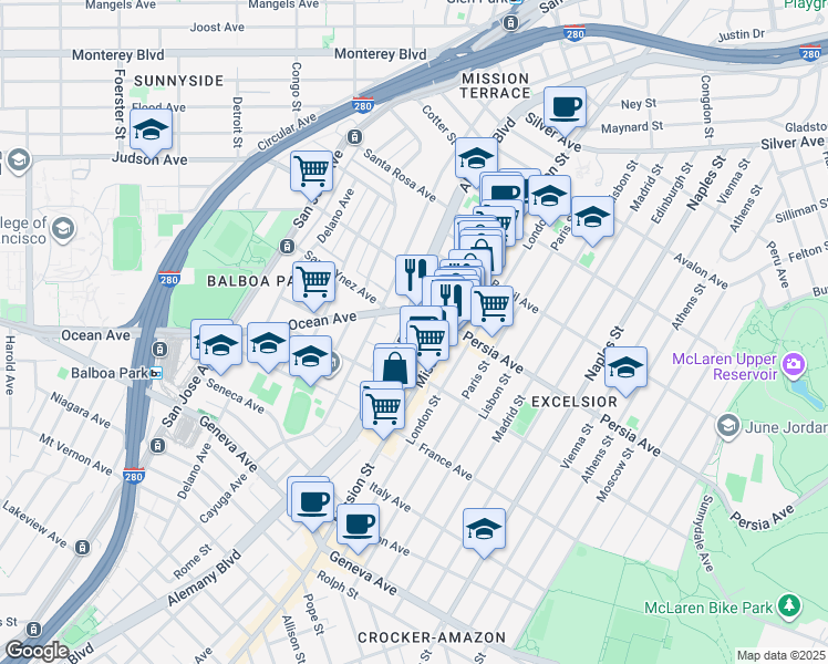 map of restaurants, bars, coffee shops, grocery stores, and more near 1839 Alemany Boulevard in San Francisco