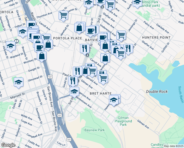 map of restaurants, bars, coffee shops, grocery stores, and more near 1474 Egbert Avenue in San Francisco