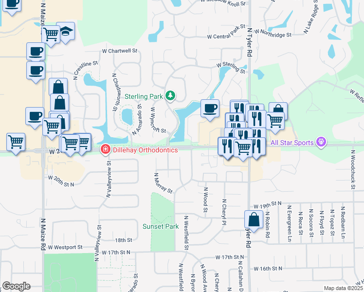 map of restaurants, bars, coffee shops, grocery stores, and more near 9254 West 21st Street in Wichita