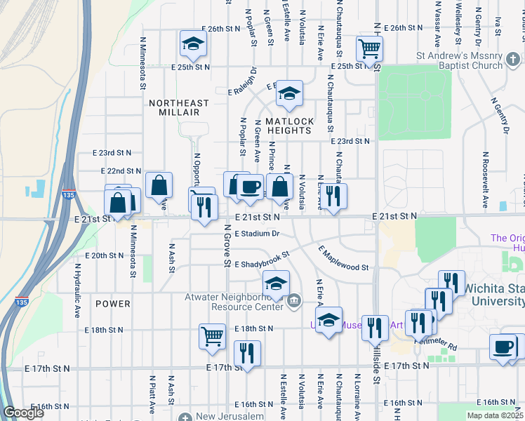 map of restaurants, bars, coffee shops, grocery stores, and more near 2605 Audrey Street in Wichita