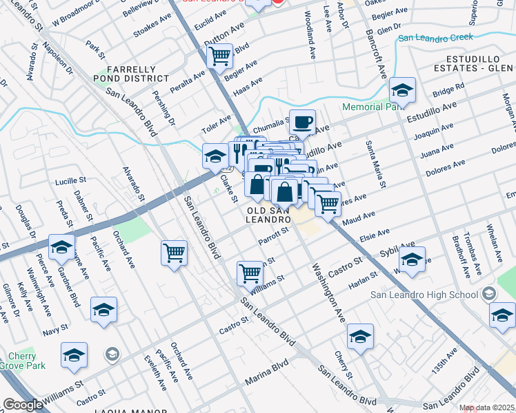 map of restaurants, bars, coffee shops, grocery stores, and more near 308 West Joaquin Avenue in San Leandro