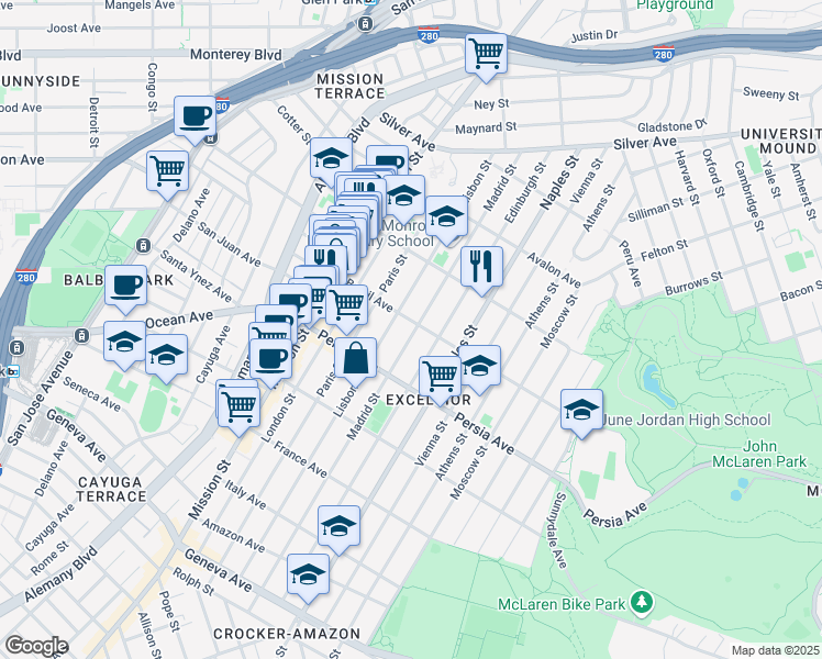 map of restaurants, bars, coffee shops, grocery stores, and more near 402 Madrid Street in San Francisco
