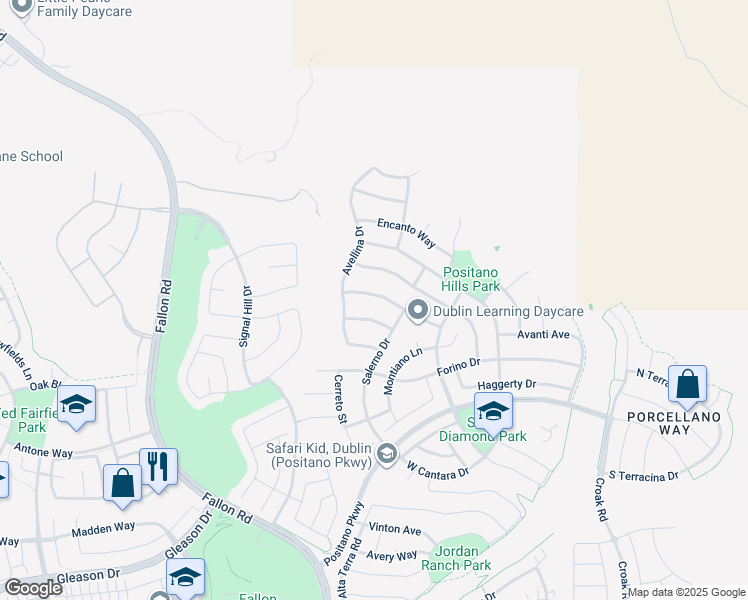 map of restaurants, bars, coffee shops, grocery stores, and more near 2528 Amantea Way in Dublin