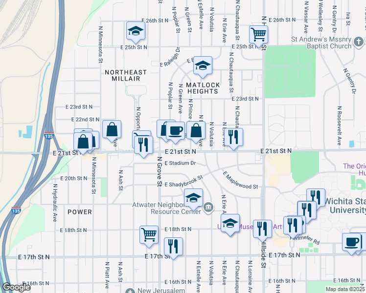map of restaurants, bars, coffee shops, grocery stores, and more near 2605 E Audrey St in Wichita