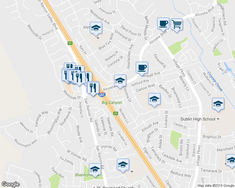 map of restaurants, bars, coffee shops, grocery stores, and more near 7896 Gate Way in Dublin