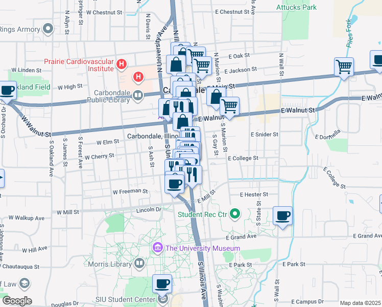 map of restaurants, bars, coffee shops, grocery stores, and more near 410 South Washington Street in Carbondale