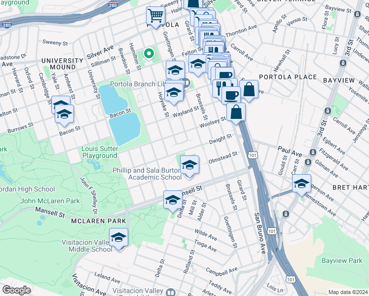 map of restaurants, bars, coffee shops, grocery stores, and more near 2 Dwight Street in San Francisco