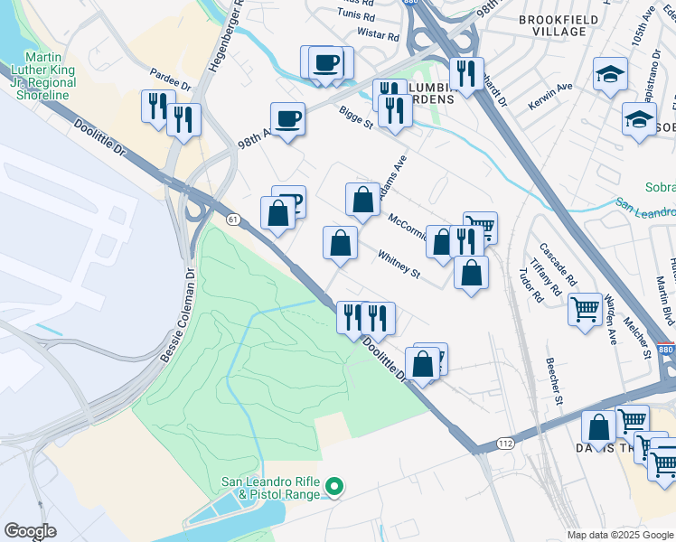 map of restaurants, bars, coffee shops, grocery stores, and more near 2150 Adams Avenue in San Leandro