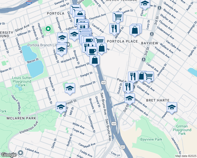 map of restaurants, bars, coffee shops, grocery stores, and more near 3027 San Bruno Avenue in San Francisco
