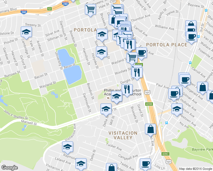 map of restaurants, bars, coffee shops, grocery stores, and more near 25 Karen Court in San Francisco