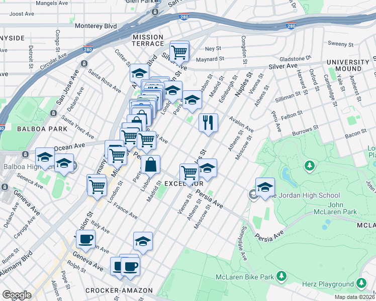 map of restaurants, bars, coffee shops, grocery stores, and more near 378 Madrid Street in San Francisco