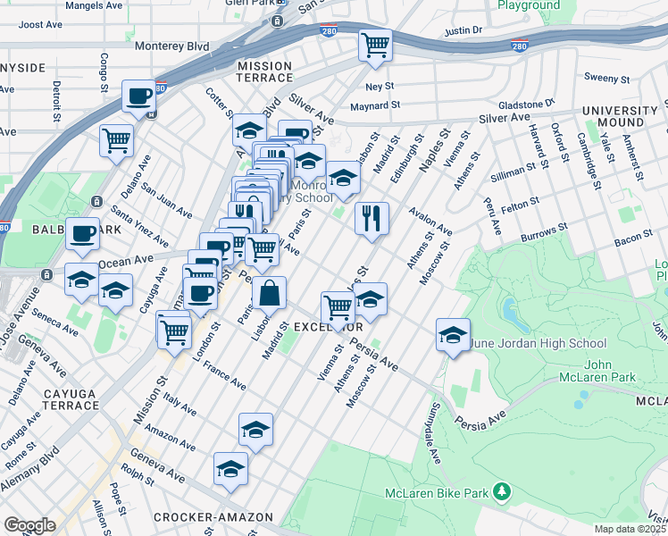 map of restaurants, bars, coffee shops, grocery stores, and more near 378 Madrid Street in San Francisco