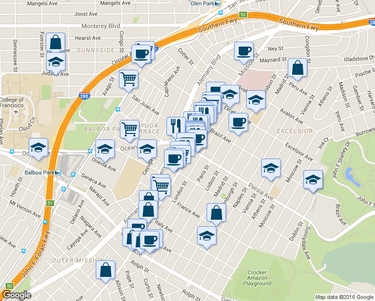 map of restaurants, bars, coffee shops, grocery stores, and more near 4680 Mission Street in San Francisco