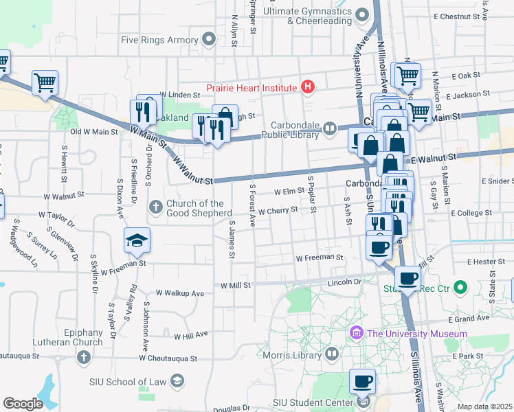 map of restaurants, bars, coffee shops, grocery stores, and more near 407 South Forest Avenue in Carbondale