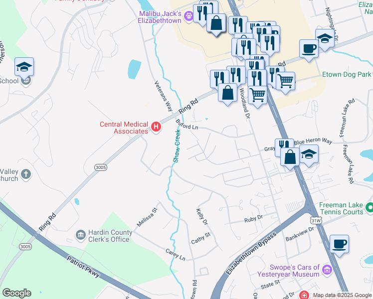 map of restaurants, bars, coffee shops, grocery stores, and more near 899 Tisha Court in Elizabethtown