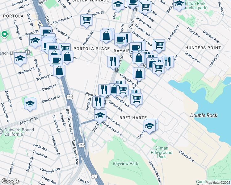 map of restaurants, bars, coffee shops, grocery stores, and more near 1474 Egbert Avenue in San Francisco