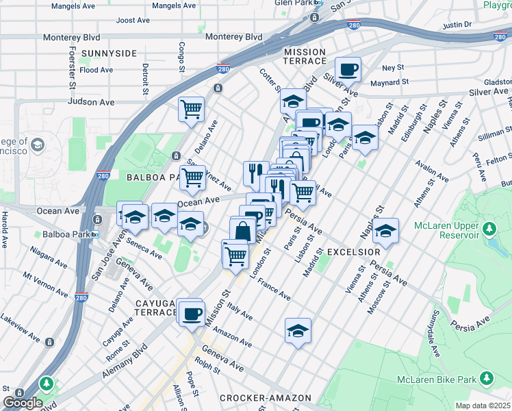 map of restaurants, bars, coffee shops, grocery stores, and more near 1827 Alemany Boulevard in San Francisco