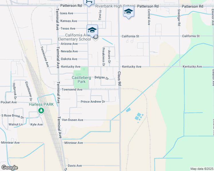 map of restaurants, bars, coffee shops, grocery stores, and more near 3919 Clydesdale Lane in Riverbank