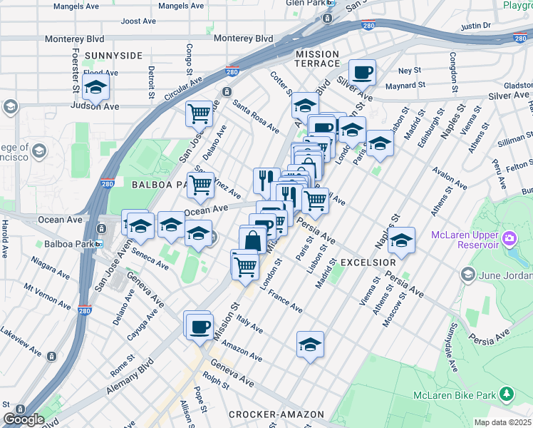 map of restaurants, bars, coffee shops, grocery stores, and more near 1827 Alemany Boulevard in San Francisco
