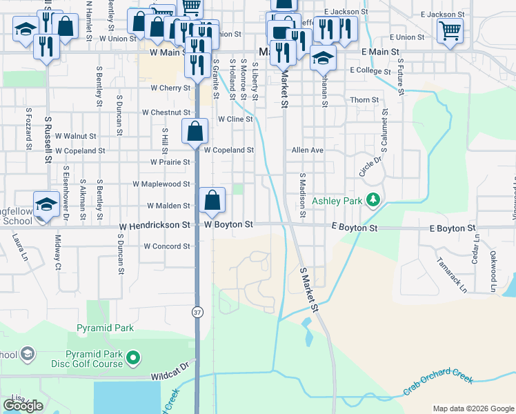 map of restaurants, bars, coffee shops, grocery stores, and more near 1301 South Liberty Street in Marion