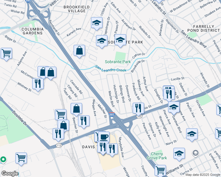 map of restaurants, bars, coffee shops, grocery stores, and more near 808 Martin Boulevard in San Leandro